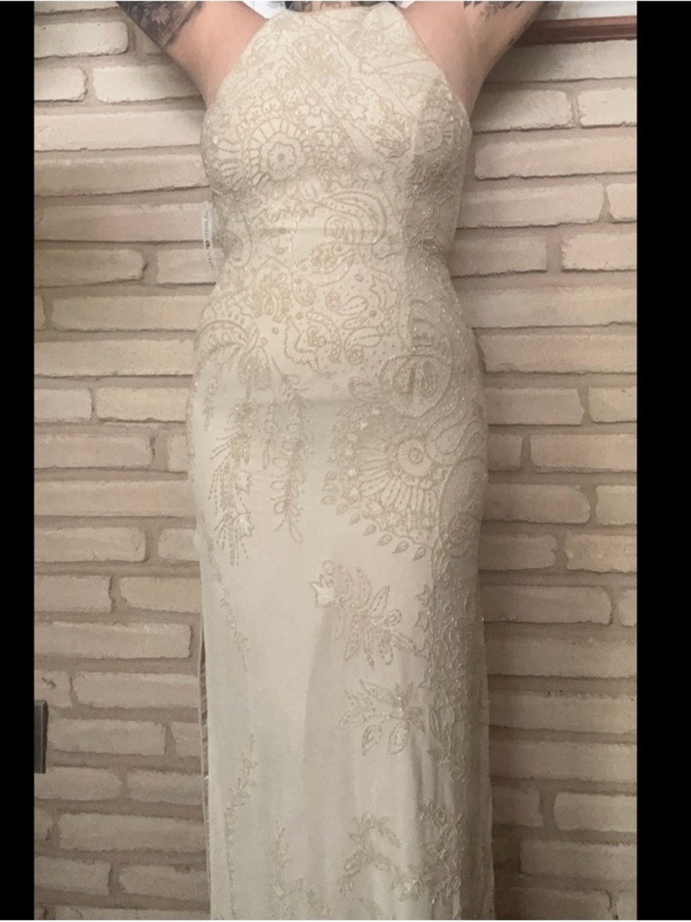 Impressions Cream Backless Beaded Lace Evening Gown
